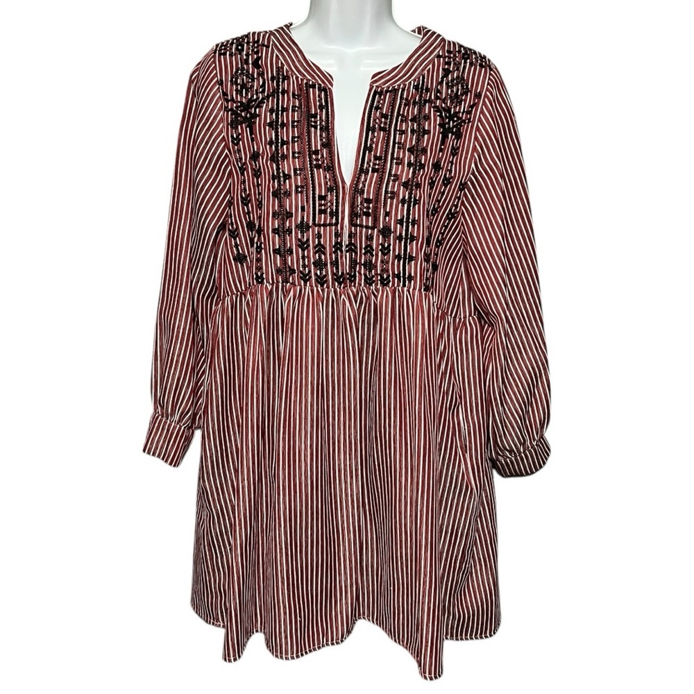 Velzera Red White Striped Babydoll Tunic Dress Small Long Sleeve V-Neck Pockets